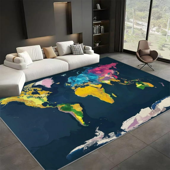 Area Rugs Colorful Rectangle Carpet, Minimalist World Map Design Non Slip Rug, For Dining Room Backyard Decor Carpet, For Kids Teen Boys Women Men Flannel Rug