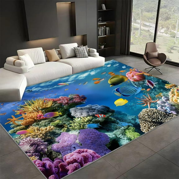 Area Rugs Colorful Rectangle Carpet, Underwater Creature Fish Coral Design Non Slip Rug, For Dining Room Backyard Decor Carpet, For Kids Teen Boys Women Men Flannel Rug