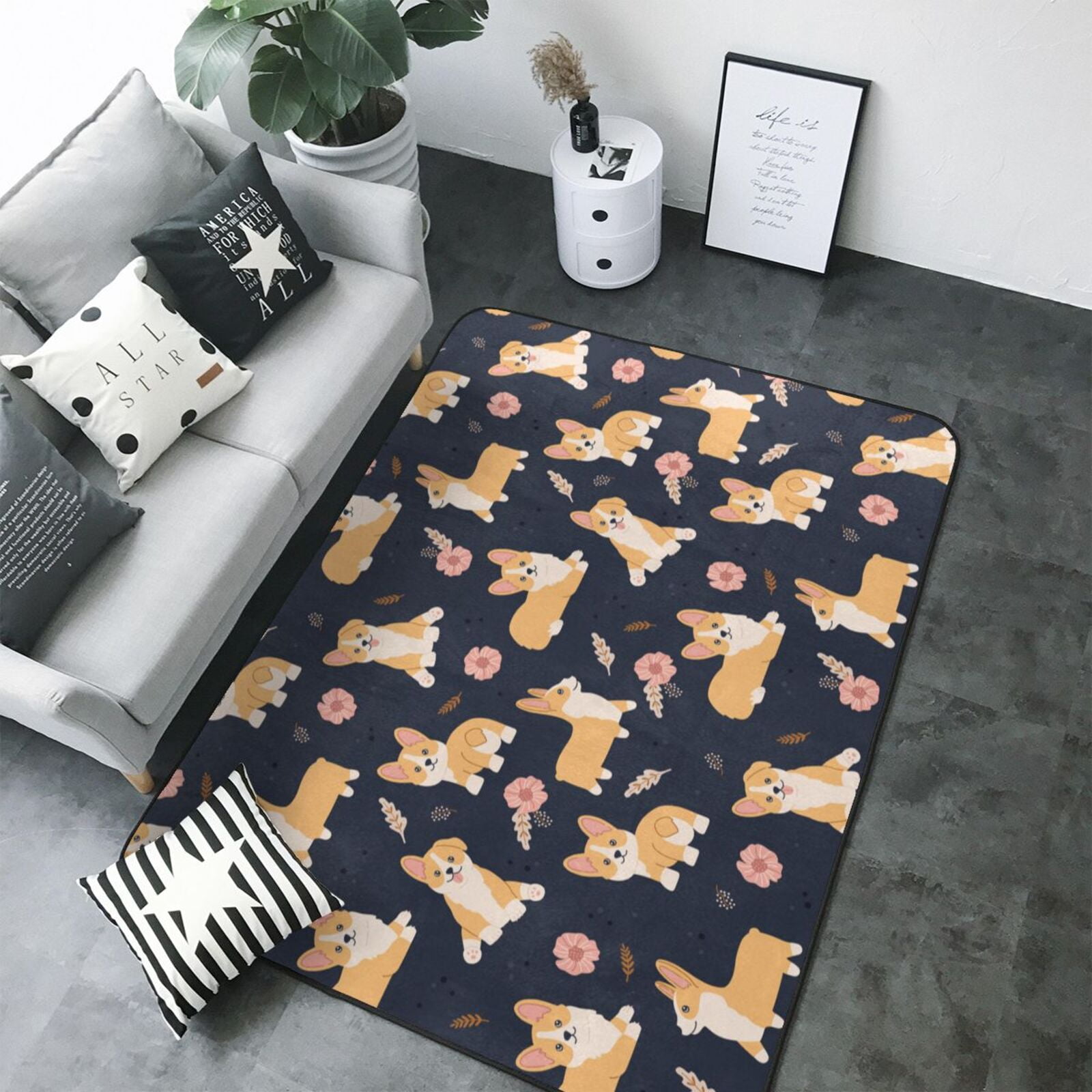 Area Rugs, Cute Dog Flower Pink Washable Large Rugs for Living