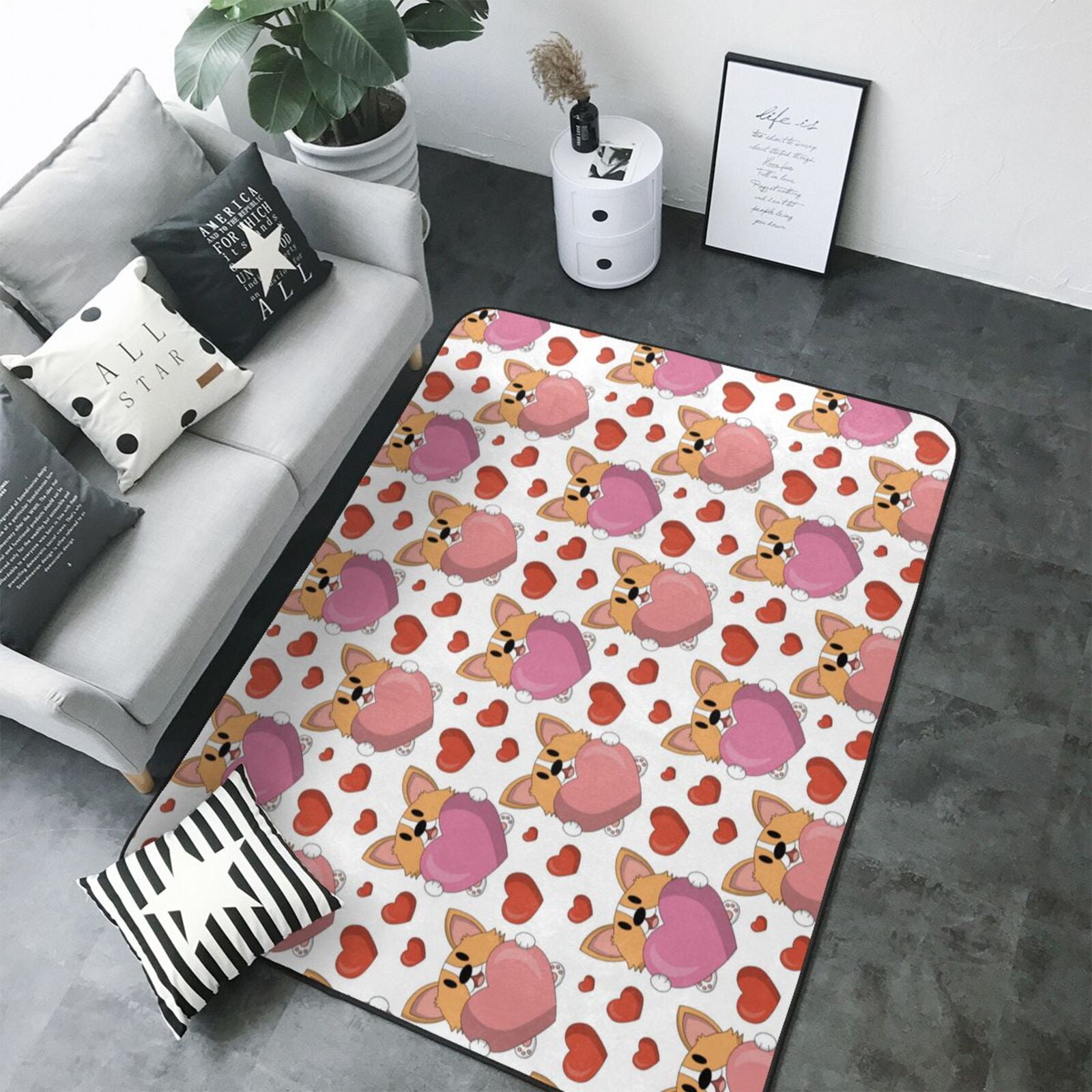 Area Rugs, Cute Dog Funny Love Red Pink Washable Large Rugs for