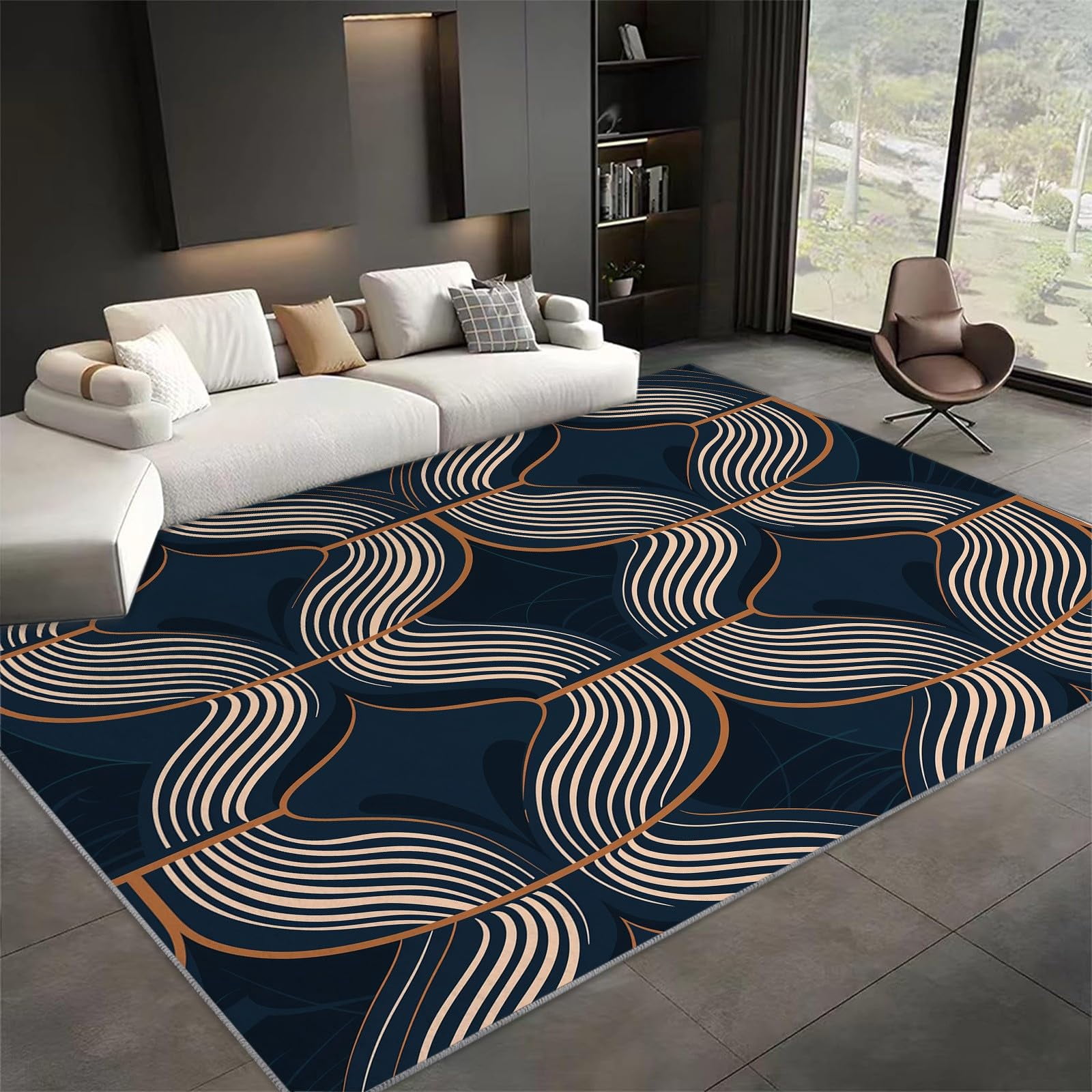 Area Rugs Dark Blue Rectangle Carpet, Geometric Spiral Line Art Design ...