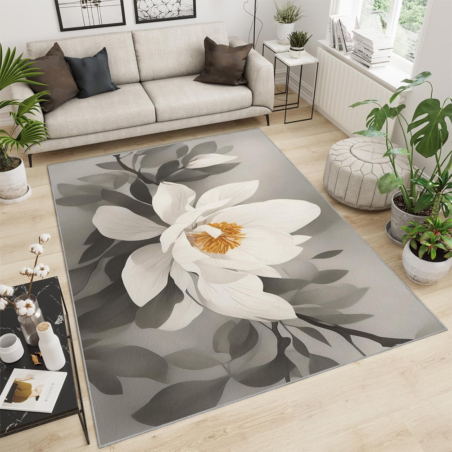 Area Rugs Elegant and Simple Floral Bedroom Rug, Ink-Style White ...