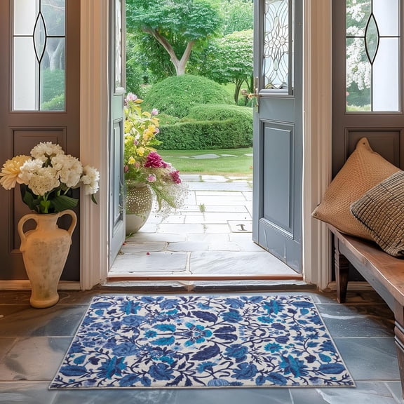 Area Rugs for Entryway 2x3, Boho Floral Faux Wool Indoor Outdoor Small Rugs, Washable Rugs for Bedroom Bathroom Laundry Doormat, Low Pile Floor Mat Carpet for Home Decor, Celtic Blue