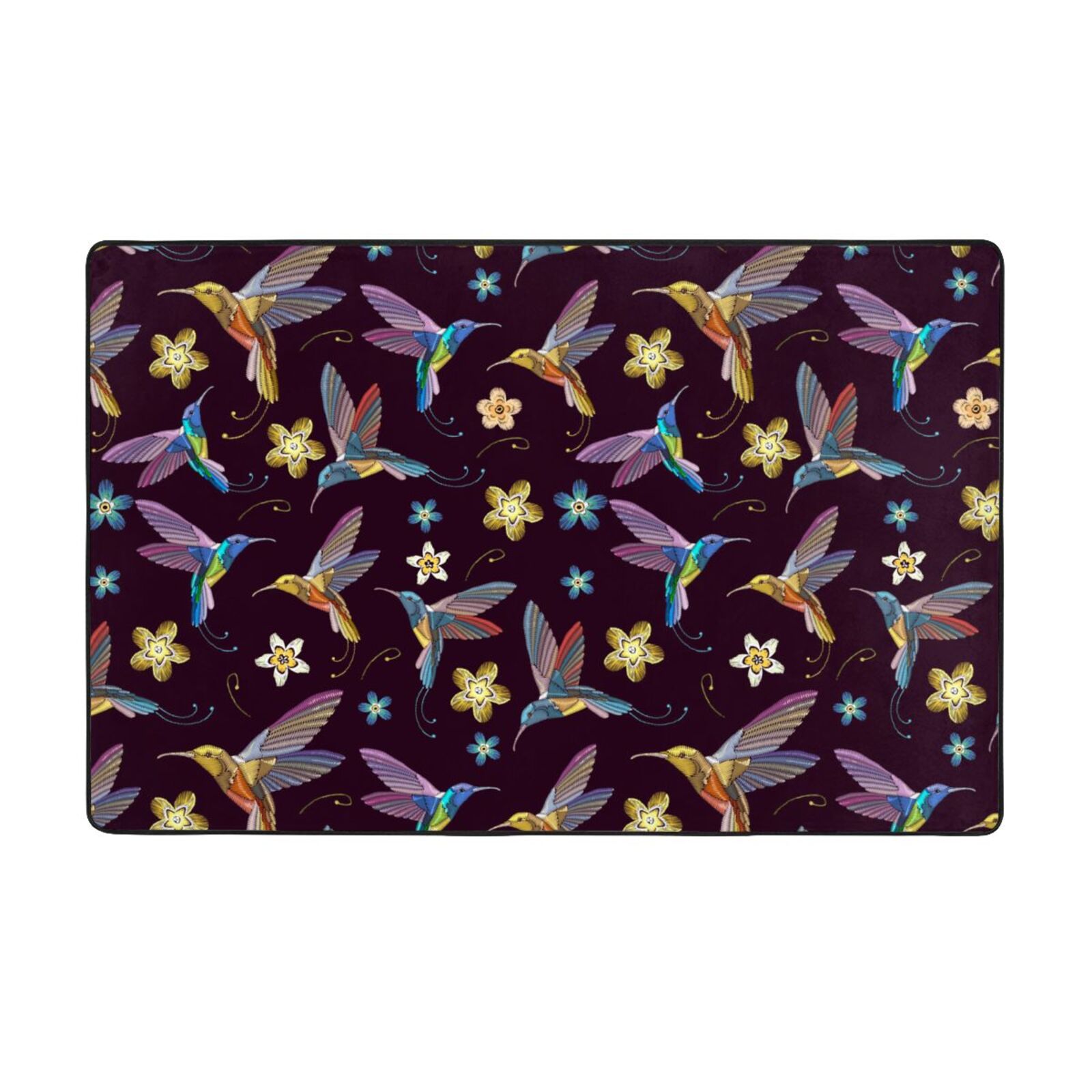 Area Rugs, Floral Hummingbird Print Black Washable Large Rugs for