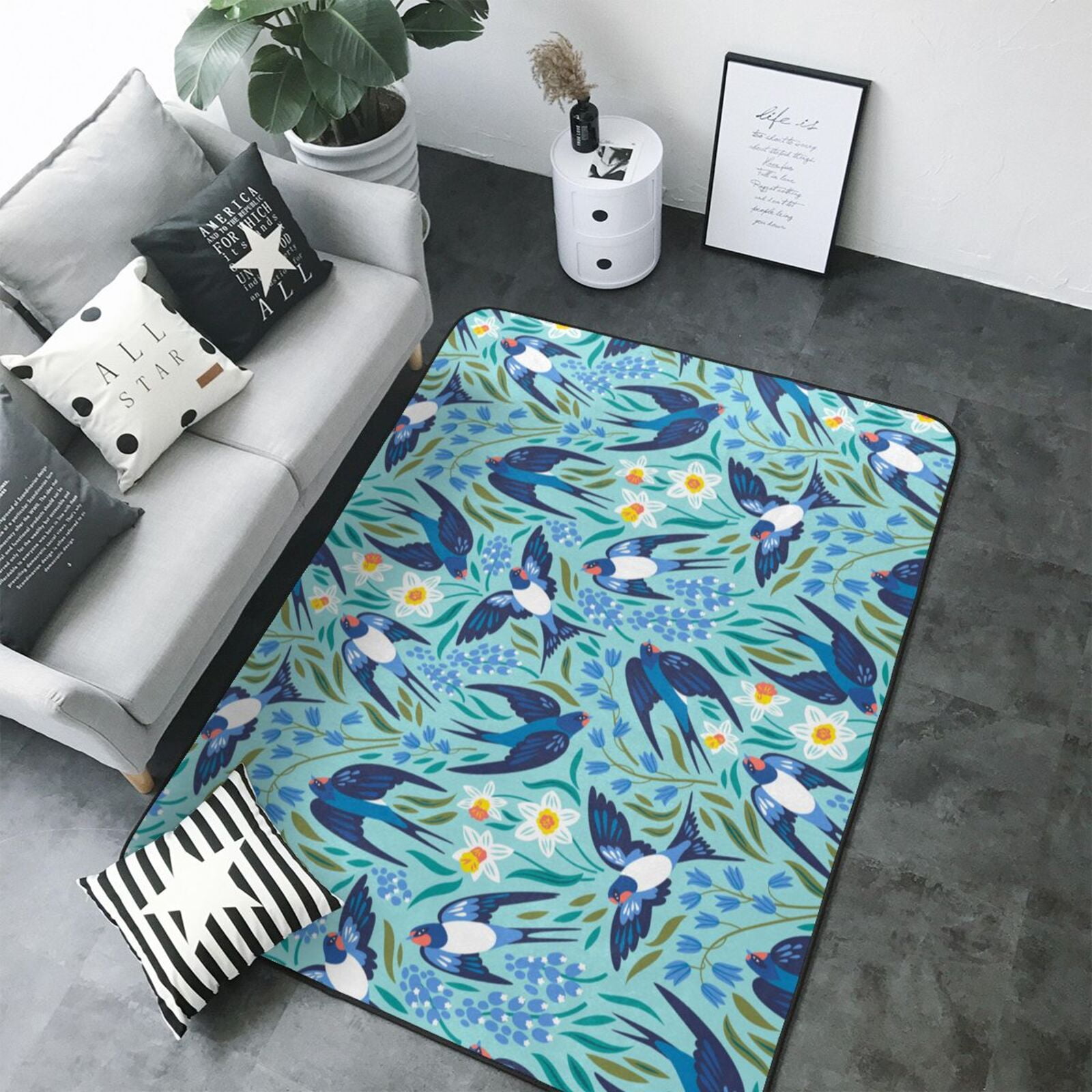 Area Rugs, Flying Swallows And Flowers Washable Large Rugs for Living ...