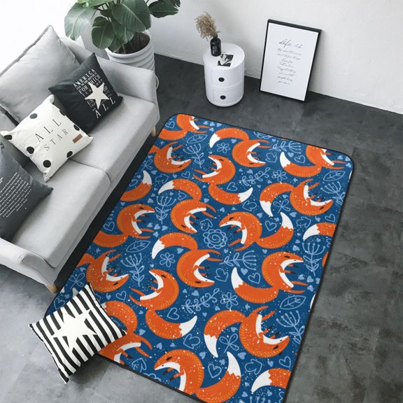 Area Rugs For Living Room Decor - Abstract Vintage Fox and Plants Soft Anti Slip Throw Washable Rugs 5x7 For Bedroom, Indoor Carpet For Bedroom Living Room 80x58In