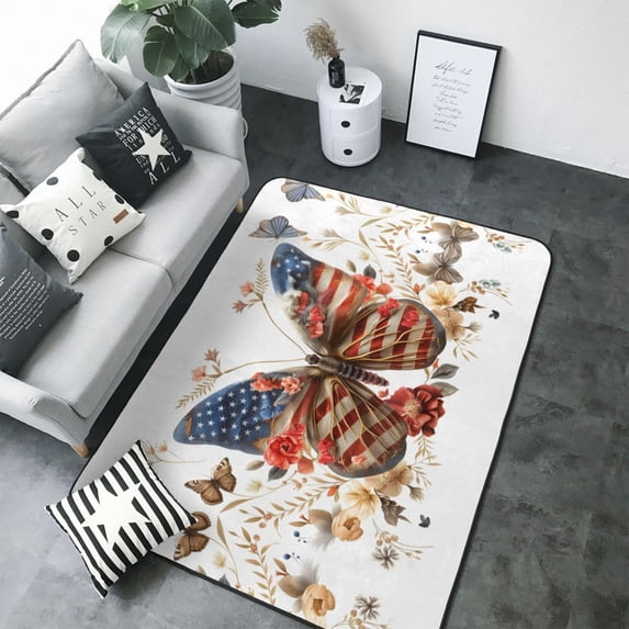 Area Rugs For Living Room Decor - American Flag Butterfly Blooms Soft Anti Slip Throw Washable Rugs 5x7 For Bedroom, Indoor Carpet For Bedroom Living Room 80x58In