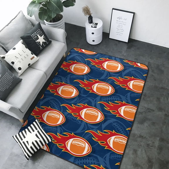 Area Rugs For Living Room Decor - American Football Fire Flames Soft Anti Slip Throw Washable Rugs 5x7 For Bedroom, Indoor Carpet For Bedroom Living Room 80x58In