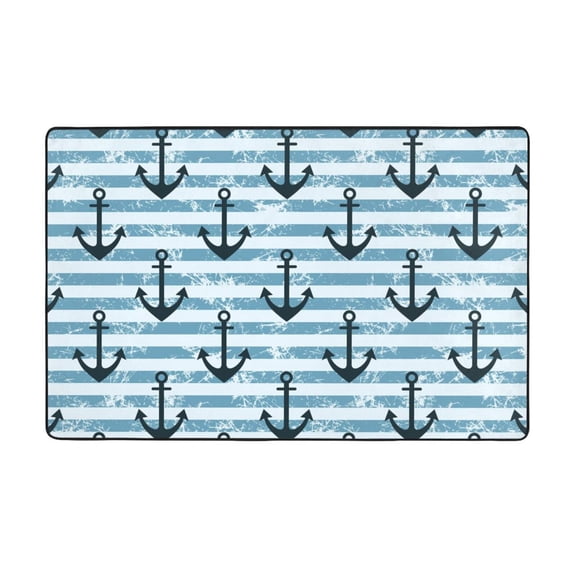 Area Rugs For Living Room Decor - Anchor Creative Blue Lined Vintage Anti Slip Throw Washable Rugs 3x5 For Bedroom, Soft Indoor Carpet For Bedroom Living Room 60x39In