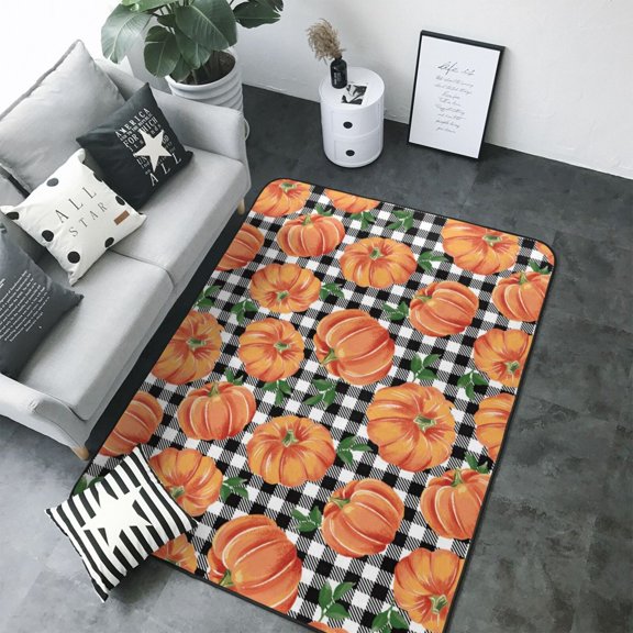 Area Rugs For Living Room Decor - Autumn Pumpkins Gingham Soft Anti Slip Throw Washable Rugs 5x7 For Bedroom, Indoor Carpet For Bedroom Living Room 80x58In