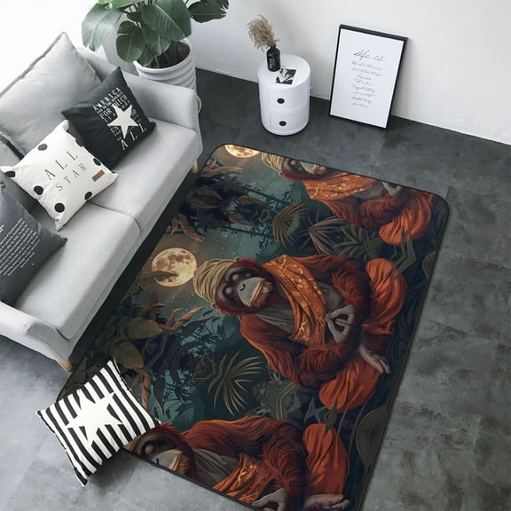 Area Rugs For Living Room Decor - Banana Leaf Meditating Gorilla Soft Anti Slip Throw Washable Rugs 5x7 For Bedroom, Indoor Carpet For Bedroom Living Room 80x58In