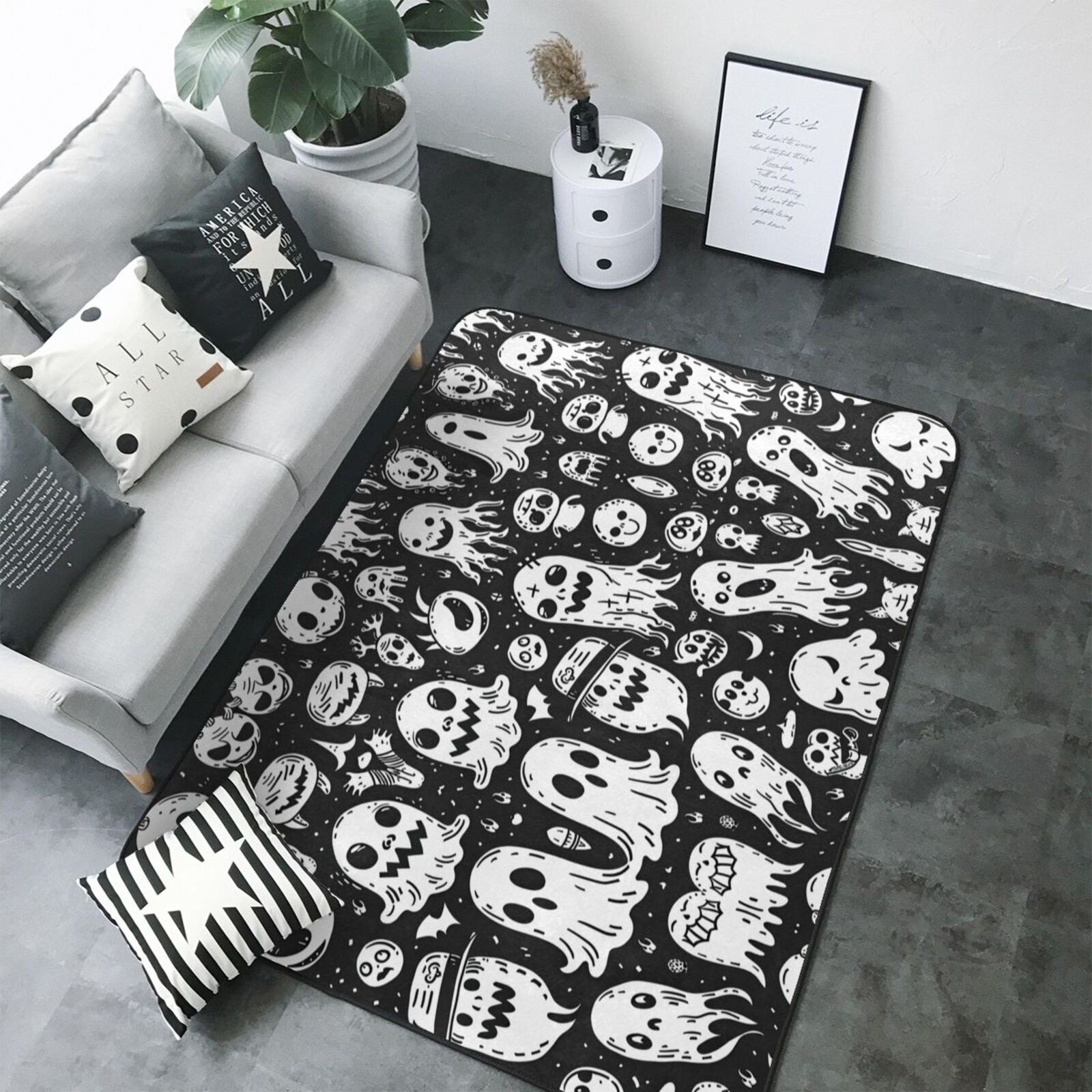 Area Rugs For Living Room Decor - Black White Spooky Ghosts Soft Anti ...