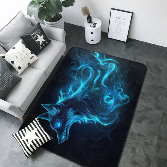 Area Rugs For Living Room Decor - Blue Flame Fox Soft Anti Slip Throw Washable Rugs 5x7 For Bedroom, Indoor Carpet For Bedroom Living Room 80x58In