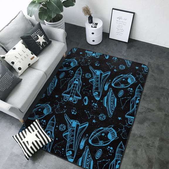 Area Rugs For Living Room Decor - Blue Line Rocket Ship Soft Anti Slip Throw Washable Rugs 5x7 For Bedroom, Indoor Carpet For Bedroom Living Room 80x58In