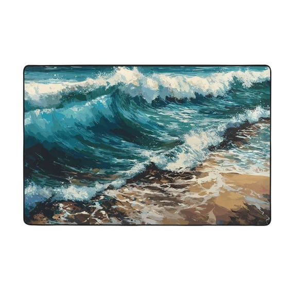 Area Rugs For Living Room Decor - Blue Ocean Waves Anti Slip Throw Washable Rugs 3x5 For Bedroom, Soft Indoor Carpet For Bedroom Living Room 60x39In