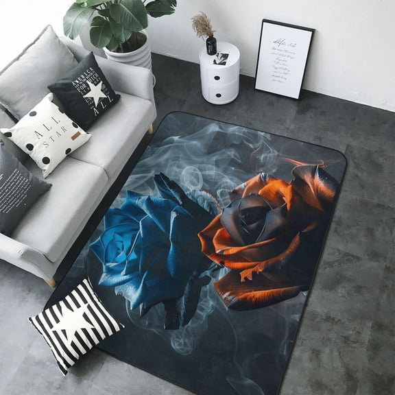 Area Rugs For Living Room Decor - Blue and Red Roses Artwork Soft Anti Slip Throw Washable Rugs 5x7 For Bedroom, Indoor Carpet For Bedroom Living Room 80x58In