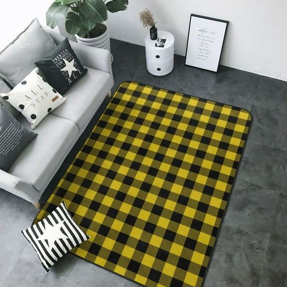 Area Rugs For Living Room Decor - Classic Yellow Buffalo Plaid Soft Anti Slip Throw Washable Rugs 5x7 For Bedroom, Indoor Carpet For Bedroom Living Room 80x58In