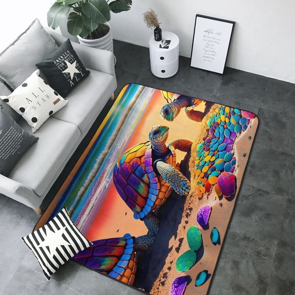 Area Rugs For Living Room Decor - Colorful Turtle on Beach Soft Anti Slip Throw Washable Rugs 5x7 For Bedroom, Indoor Carpet For Bedroom Living Room 80x58In