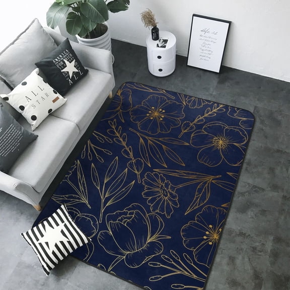 Area Rugs For Living Room Decor - Copper-Gold Gloss Outline Flower Soft Anti Slip Throw Washable Rugs 5x7 For Bedroom, Indoor Carpet For Bedroom Living Room 80x58In