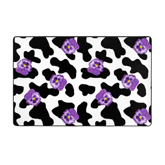 Area Rugs For Living Room Decor - Cow Print Purple Violet Flower Anti Slip Throw Washable Rugs 3x5 For Bedroom, Soft Indoor Carpet For Bedroom Living Room 60x39In