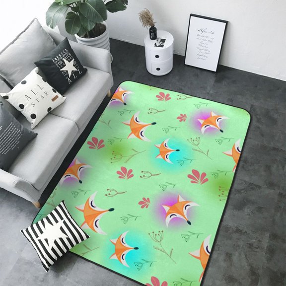 Area Rugs For Living Room Decor - Cute Fox Floral Green Soft Anti Slip Throw Washable Rugs 5x7 For Bedroom, Indoor Carpet For Bedroom Living Room 80x58In