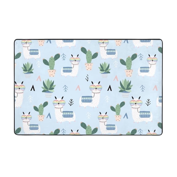 Area Rugs For Living Room Decor - Cute Llama Alpaca Glasses Cactus Blue Anti Slip Throw Washable Rugs 3x5 For Bedroom, Soft Indoor Carpet For Bedroom Living Room 60x39In