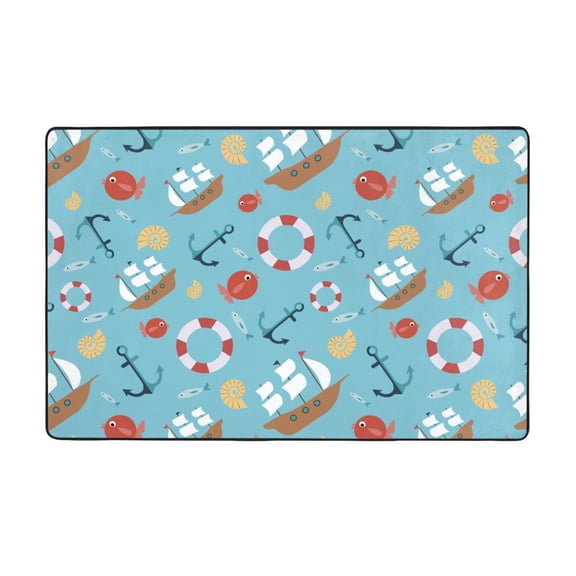 Area Rugs For Living Room Decor - Cute Ship Fish Anchor Cartoon Blue Anti Slip Throw Washable Rugs 3x5 For Bedroom, Soft Indoor Carpet For Bedroom Living Room 60x39In