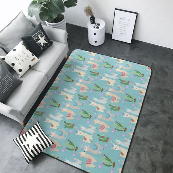 Area Rugs For Living Room Decor - Cute alpaca Lamas cactus heart Soft Anti Slip Throw Washable Rugs 5x7 For Bedroom, Indoor Carpet For Bedroom Living Room 80x58In