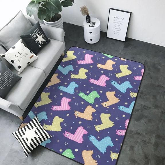 Area Rugs For Living Room Decor - Cute pink yellow lamas navyblue Soft Anti Slip Throw Washable Rugs 5x7 For Bedroom, Indoor Carpet For Bedroom Living Room 80x58In