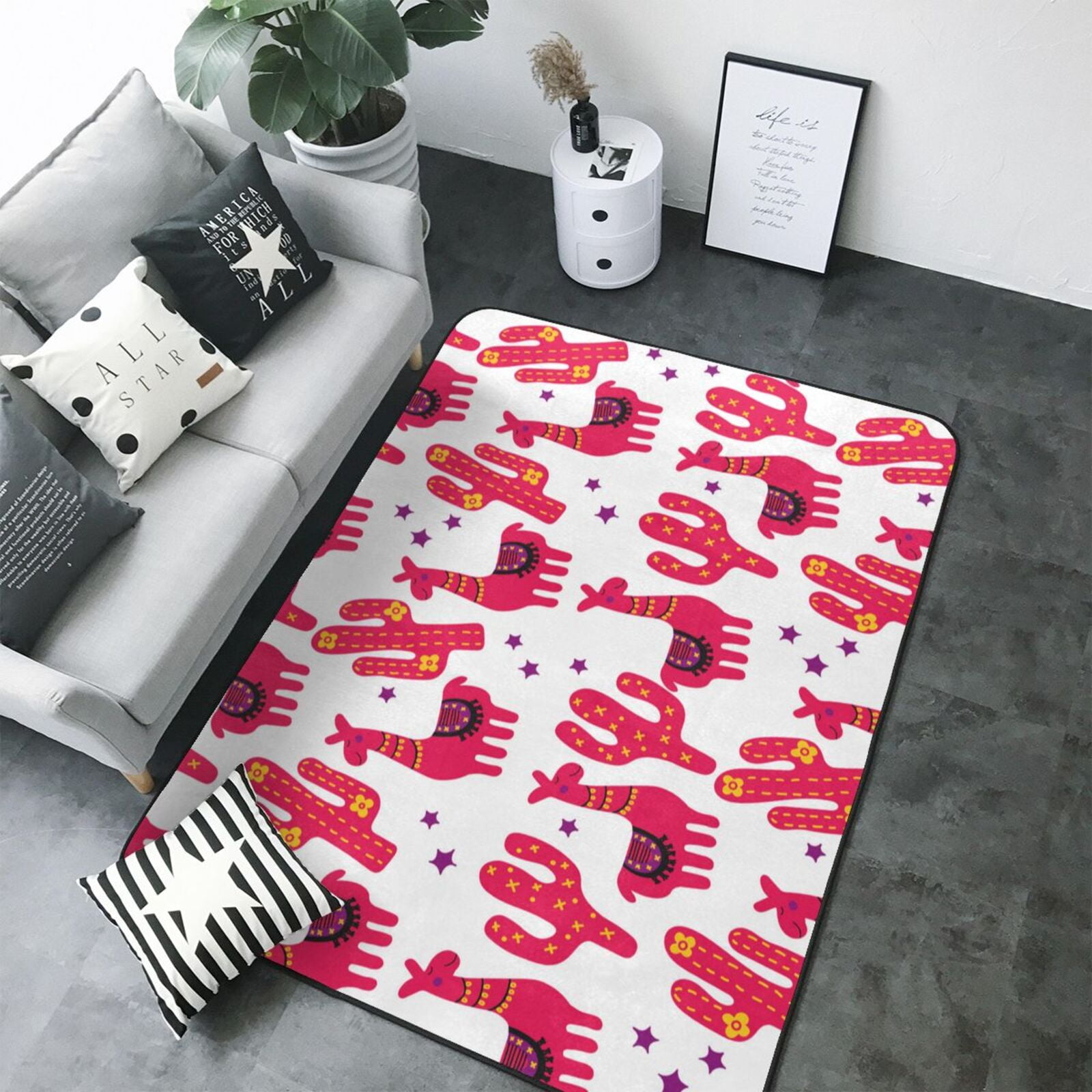 Area Rugs For Living Room Decor - Exotic Cute Alpaca Cactus Red Soft ...