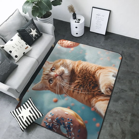 Area Rugs For Living Room Decor - Floating Cat And Donuts Soft Anti Slip Throw Washable Rugs 5x7 For Bedroom, Indoor Carpet For Bedroom Living Room 80x58In