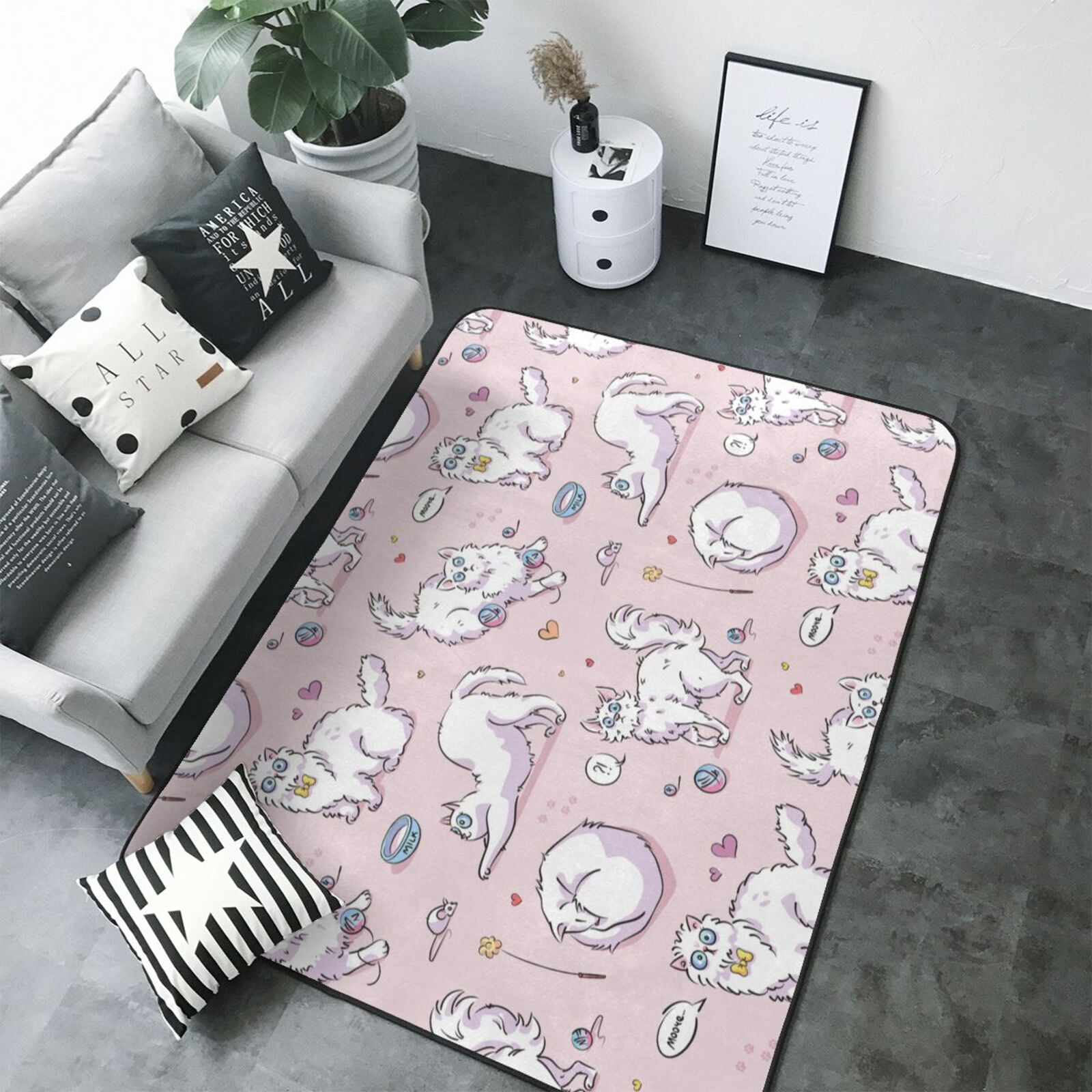 Area Rugs For Living Room Decor Funny Cute Cat Pink Soft Anti Slip