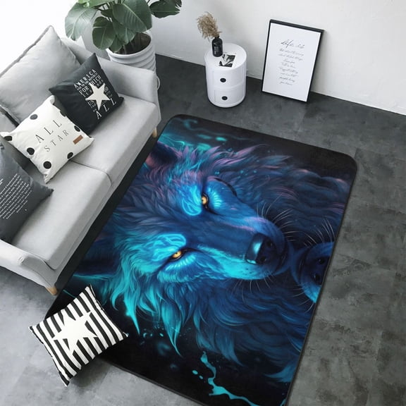 Area Rugs For Living Room Decor - Futuristic Blue Light Wolf Soft Anti Slip Throw Washable Rugs 5x7 For Bedroom, Indoor Carpet For Bedroom Living Room 80x58In