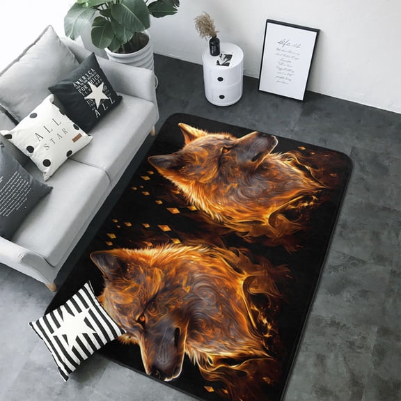 Area Rugs For Living Room Decor - Gold Flame Pattern Wolf Soft Anti Slip Throw Washable Rugs 5x7 For Bedroom, Indoor Carpet For Bedroom Living Room 80x58In