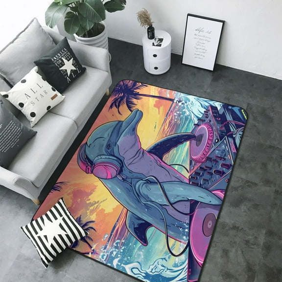 Area Rugs For Living Room Decor - Hip-Hop DJ Dolphin Soft Anti Slip Throw Washable Rugs 5x7 For Bedroom, Indoor Carpet For Bedroom Living Room 80x58In