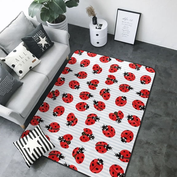 Area Rugs For Living Room Decor - Ladybug On Blue Stripes Soft Anti Slip Throw Washable Rugs 5x7 For Bedroom, Indoor Carpet For Bedroom Living Room 80x58In
