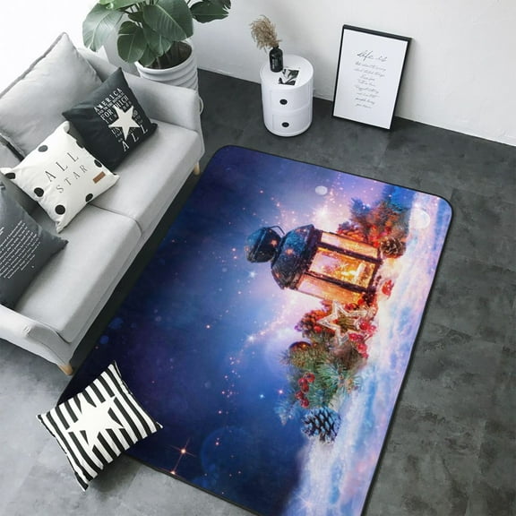 Area Rugs For Living Room Decor - Lantern On Snow With Christmas Soft Anti Slip Throw Washable Rugs 5x7 For Bedroom, Indoor Carpet For Bedroom Living Room 80x58In