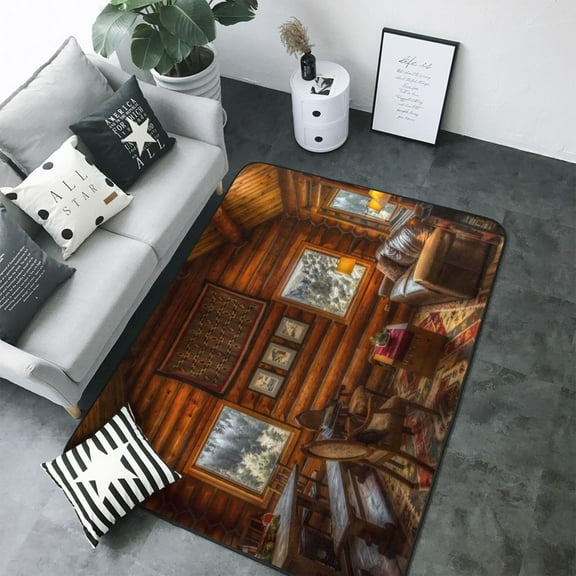 Area Rugs For Living Room Decor - Log Cabin Inside Soft Anti Slip Throw Washable Rugs 5x7 For Bedroom, Indoor Carpet For Bedroom Living Room 80x58In