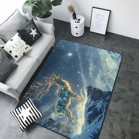 Area Rugs For Living Room Decor - Moonlit Snow Mountain Deer A Soft Anti Slip Throw Washable Rugs 5x7 For Bedroom, Indoor Carpet For Bedroom Living Room 80x58In