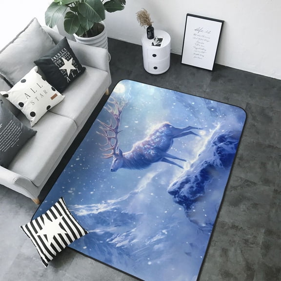 Area Rugs For Living Room Decor - Moonlit Snow Mountain Deer Soft Anti Slip Throw Washable Rugs 5x7 For Bedroom, Indoor Carpet For Bedroom Living Room 80x58In