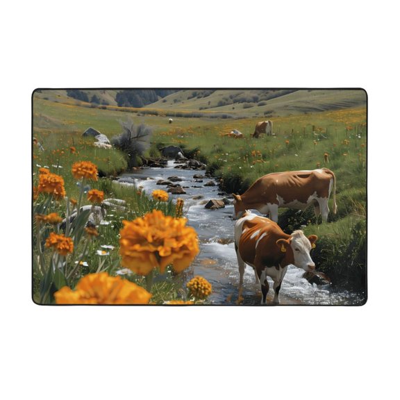 Area Rugs For Living Room Decor - Mountain Cows Flower Stream Anti Slip Throw Washable Rugs 3x5 For Bedroom, Soft Indoor Carpet For Bedroom Living Room 60x39In