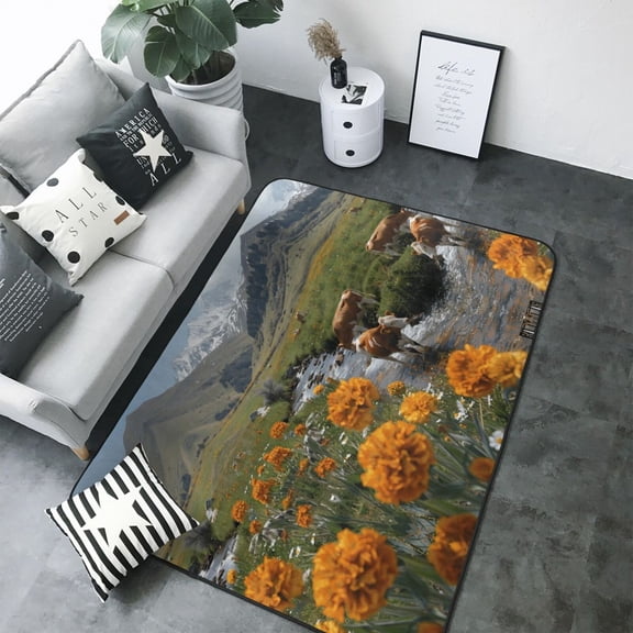 Area Rugs For Living Room Decor - Mountain Cows Flower Stream Soft Anti Slip Throw Washable Rugs 5x7 For Bedroom, Indoor Carpet For Bedroom Living Room 80x58In