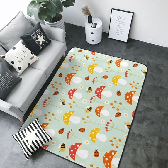 Area Rugs For Living Room Decor - Mushroom Bee Soft Anti Slip Throw Washable Rugs 5x7 For Bedroom, Indoor Carpet For Bedroom Living Room 80x58In