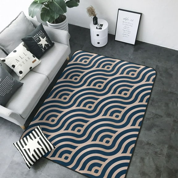 Area Rugs For Living Room Decor - Navy Geometric Waves Soft Anti Slip Throw Washable Rugs 5x7 For Bedroom, Indoor Carpet For Bedroom Living Room 80x58In