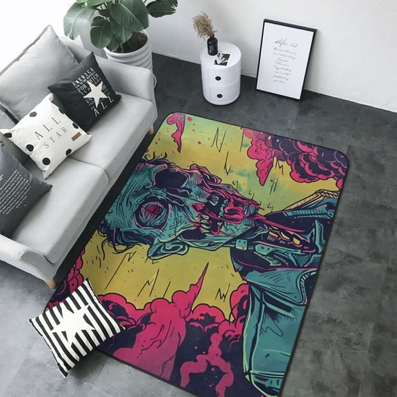 Area Rugs For Living Room Decor - Neon Zombie Skull Soft Anti Slip Throw Washable Rugs 5x7 For Bedroom, Indoor Carpet For Bedroom Living Room 80x58In