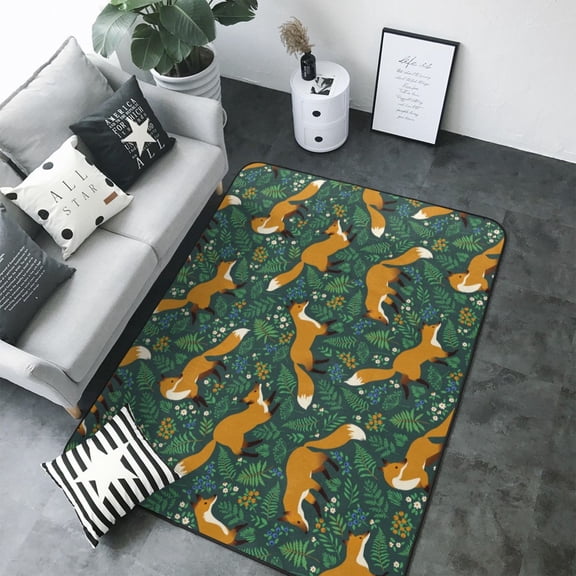 Area Rugs For Living Room Decor - Orange Fox Greenery Soft Anti Slip Throw Washable Rugs 5x7 For Bedroom, Indoor Carpet For Bedroom Living Room 80x58In
