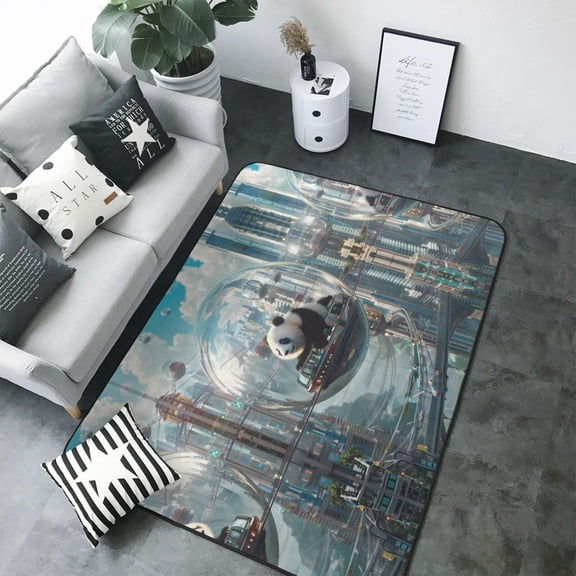 Area Rugs For Living Room Decor - Panda In Futuristic City Soft Anti Slip Throw Washable Rugs 5x7 For Bedroom, Indoor Carpet For Bedroom Living Room 80x58In
