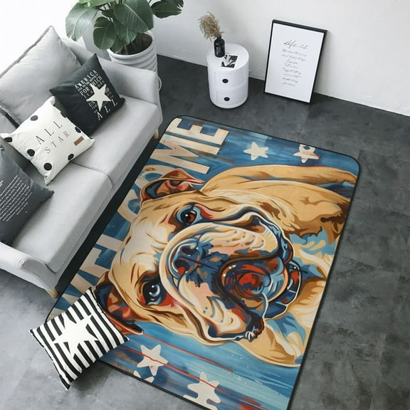 Area Rugs For Living Room Decor - Patriotic Bulldog Welcome Soft Anti Slip Throw Washable Rugs 5x7 For Bedroom, Indoor Carpet For Bedroom Living Room 80x58In