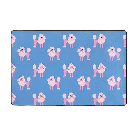 Area Rugs For Living Room Decor - Pink Cute Poodle Dog Blue Anti Slip Throw Washable Rugs 3x5 For Bedroom, Soft Indoor Carpet For Bedroom Living Room 60x39In