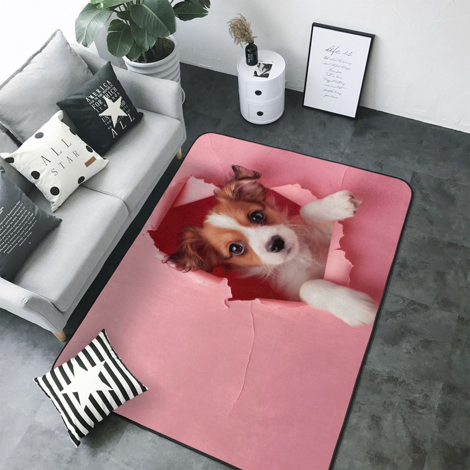 Area Rugs For Living Room Decor - Puppy Peeking Through Pink Anti Slip ...
